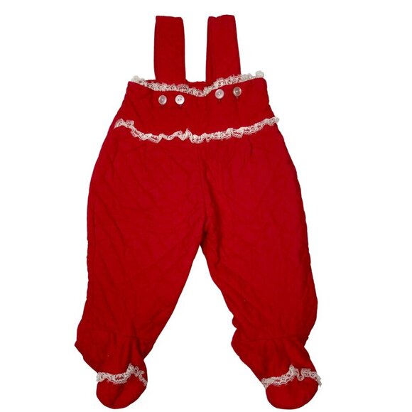 Vintage Red Christmas Quilted Infant footie Overalls with White Lace trim